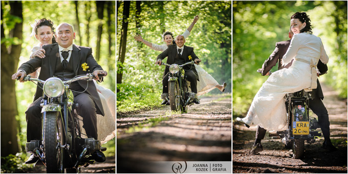 Sesja poślubna na antycznym motocyklu