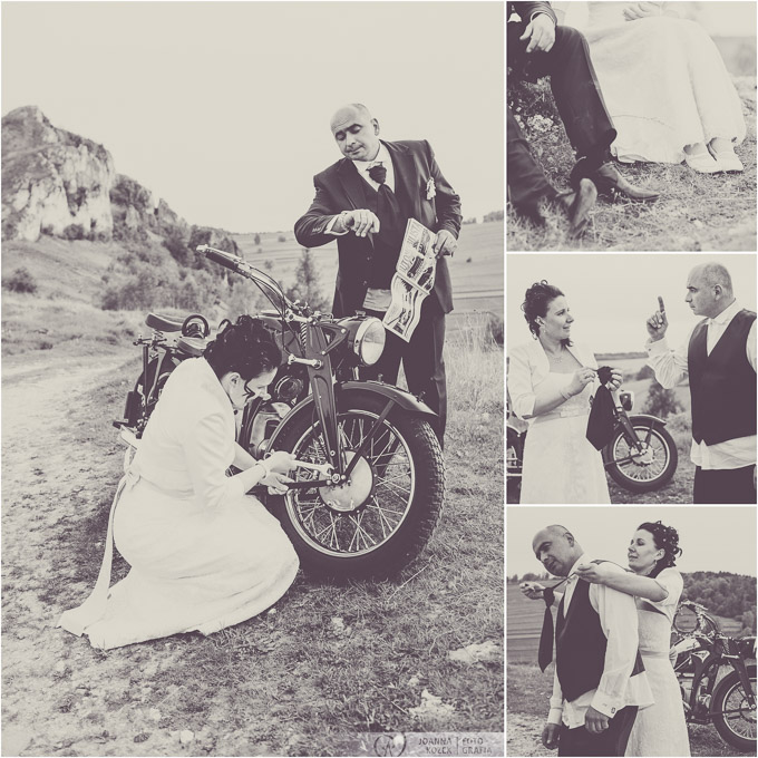 Plener ślubny z antycznym motocyklem | fotografia czarno-biała